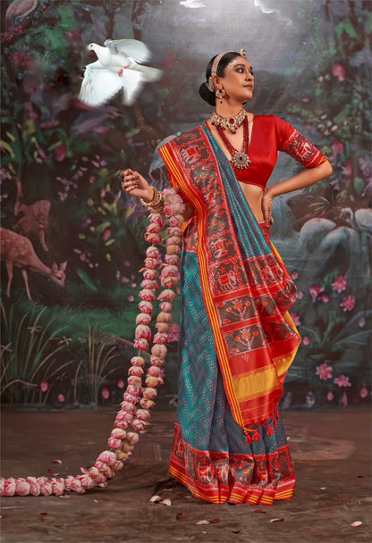Teal blue Patola Silk Readymade/Easy Saree
