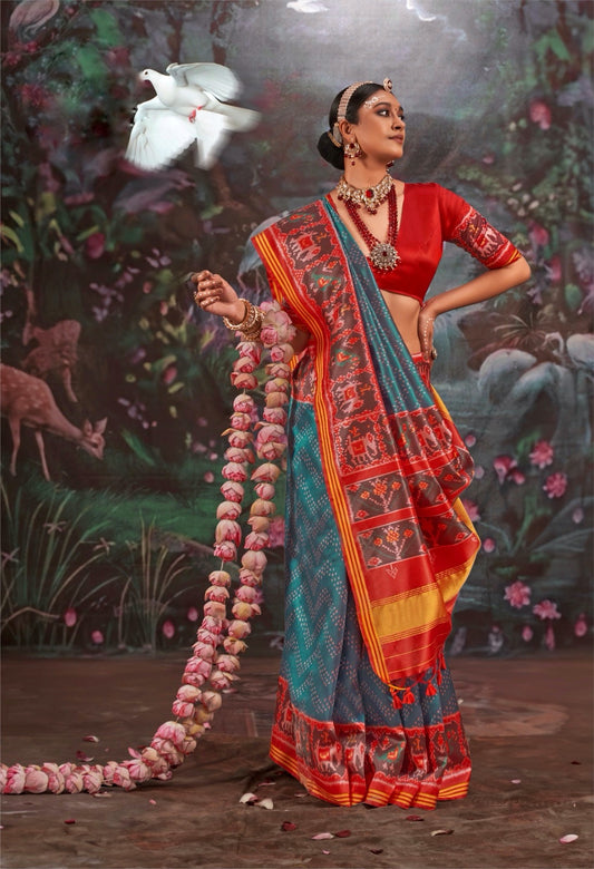 Teal blue Patola Silk Readymade/Easy Saree