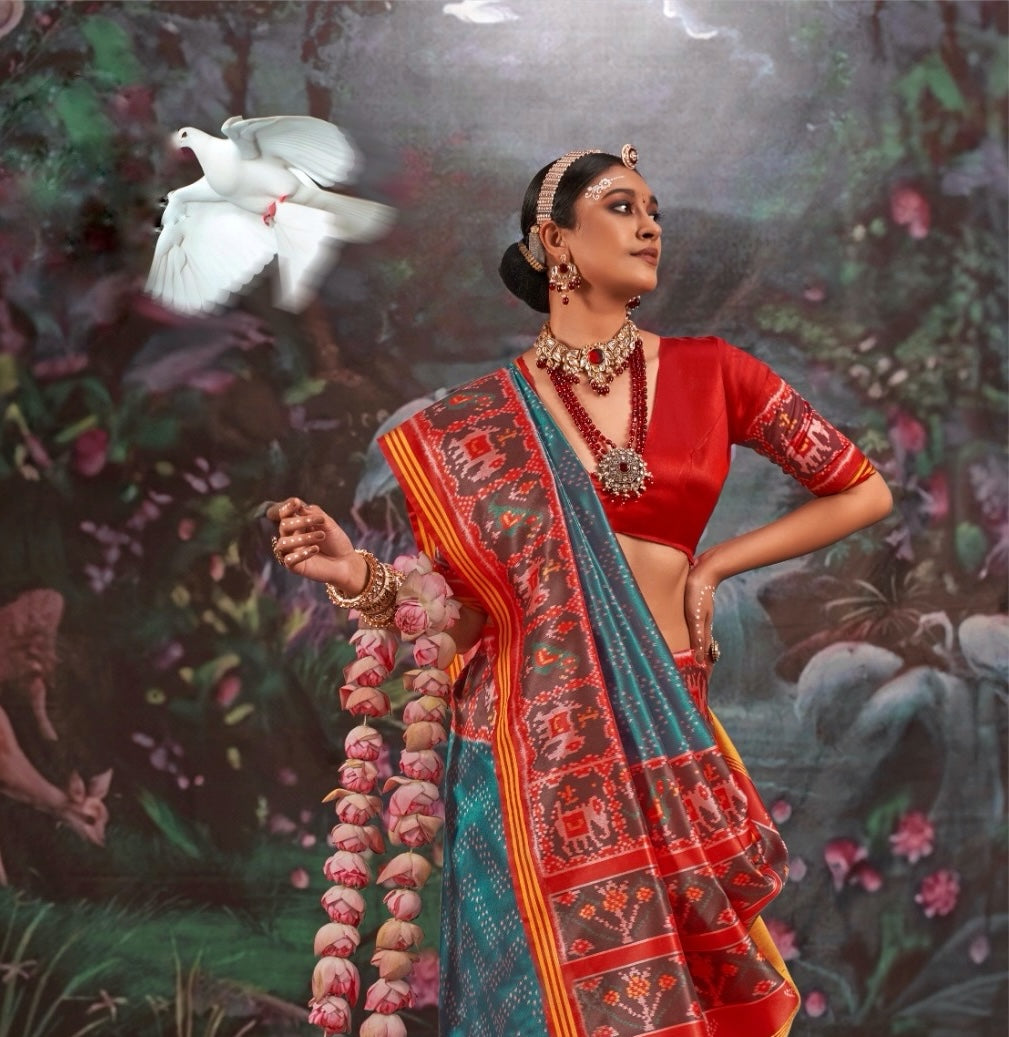 Teal blue Patola Silk Readymade/Easy Saree