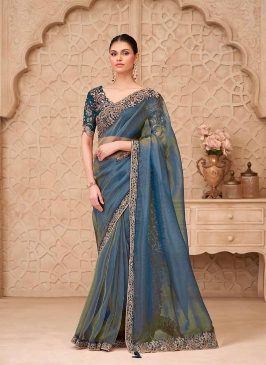 Deep Teal Blue Designer Silk Ready to wear/Easy Saree - Panaash Saree