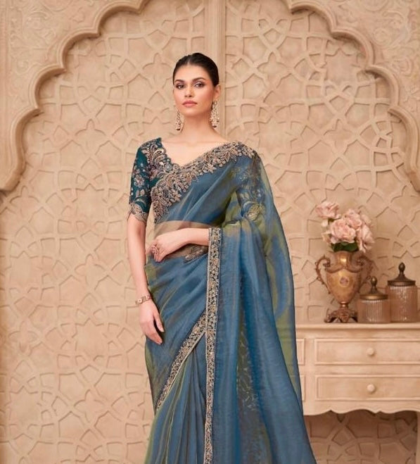 Deep Teal Blue Designer Silk Ready to wear/Easy Saree - Panaash Saree