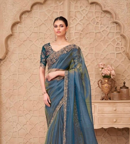 Deep Teal Blue Designer Silk Ready to wear/Easy Saree - Panaash Saree