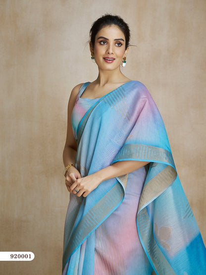 Light Blue Digital Print Silk Readymade/Easy Saree