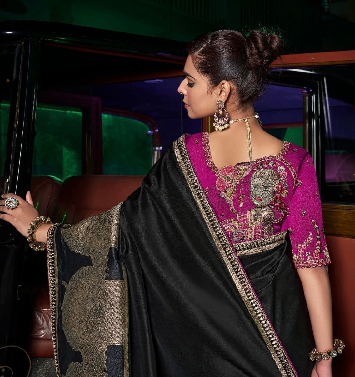 Plain Black Banarasi Silk Readymade/Easy Saree