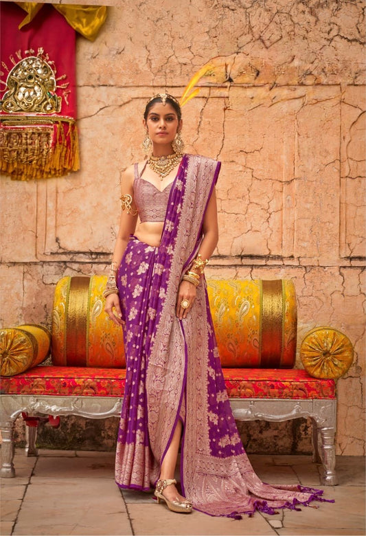 Royal Purple Georgette Readymade/Easy Saree - Panaash Saree