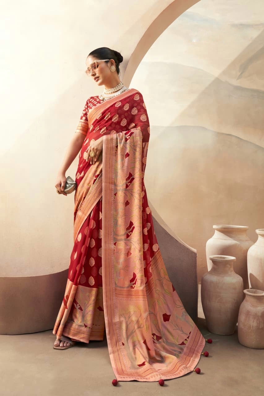 Red Georgette Readymade/Easy Saree
