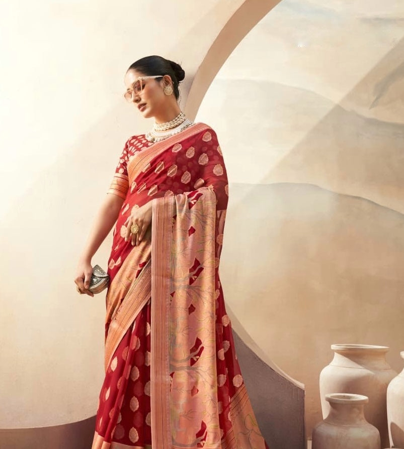 Red Georgette Readymade/Easy Saree