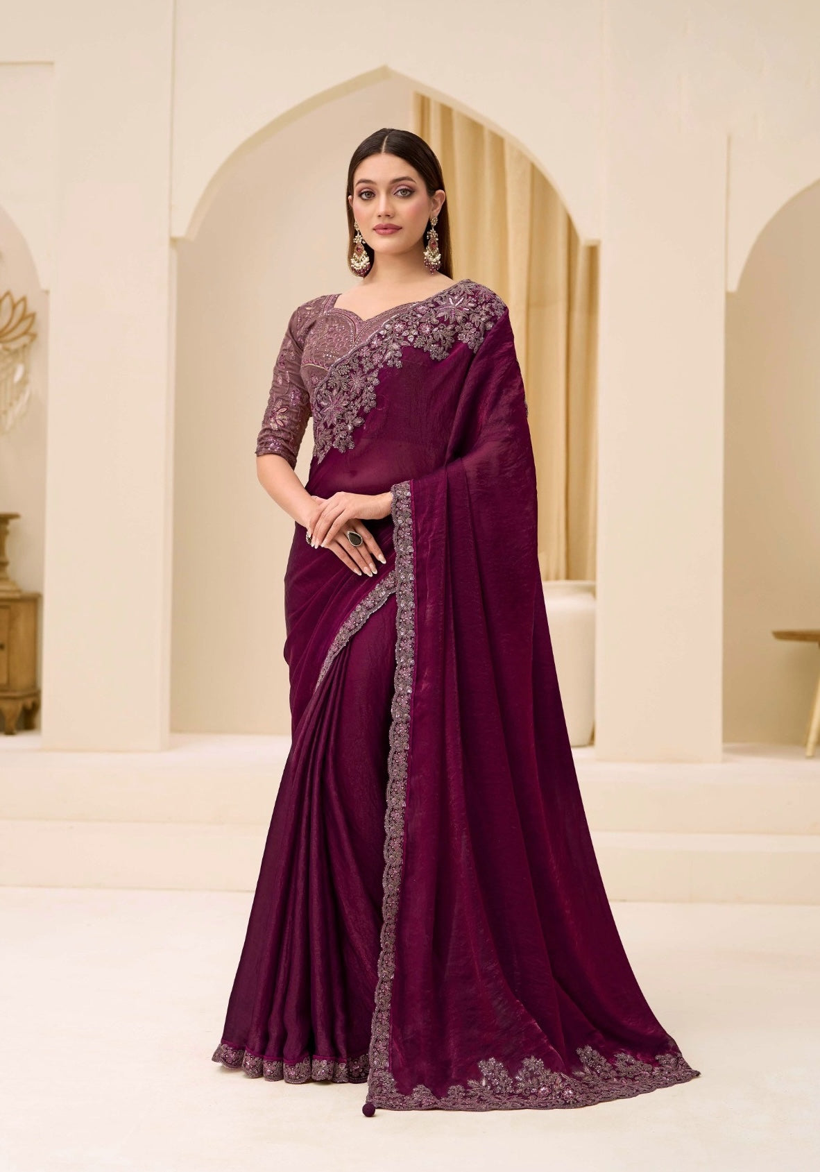Wine Cocktail Party Wear Readymade Saree