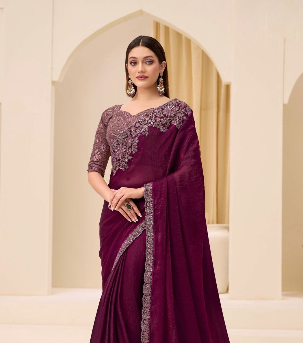 Wine Cocktail Party Wear Readymade Saree