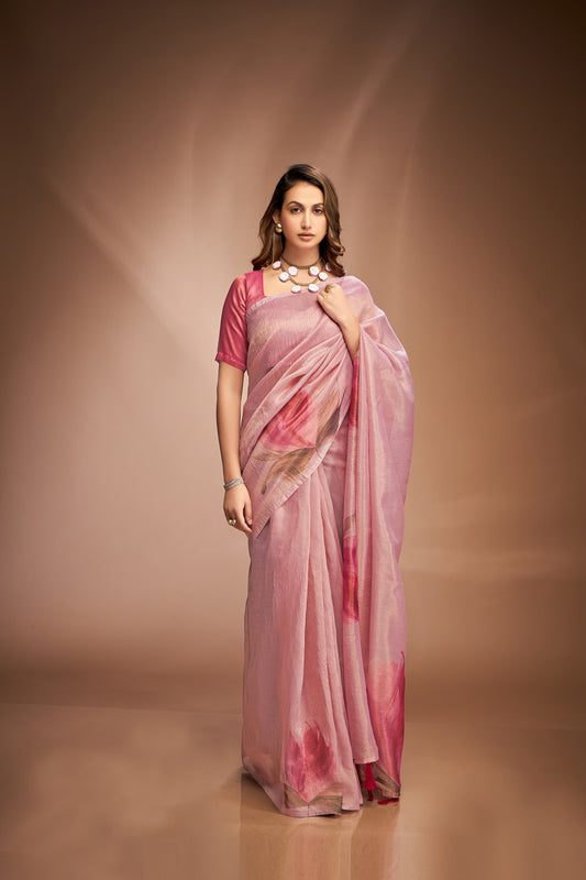 Floral Pink Crushed Tissue Silk Readymade/Easy Fancy Saree