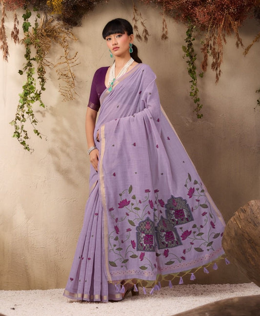 Lavender Color Cotton Readymade/Easy Saree