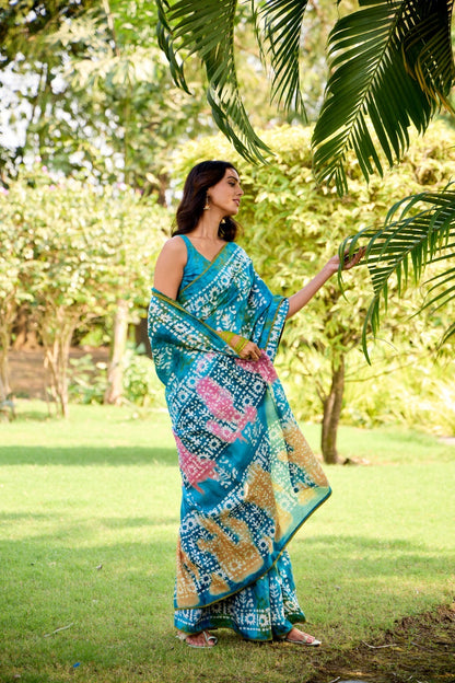 Sky Blue Batik Print Mul Cotton Easy/Readymade Saree