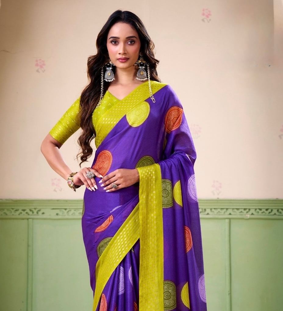 Purple Polka Dot Readymade Crepe Silk Saree