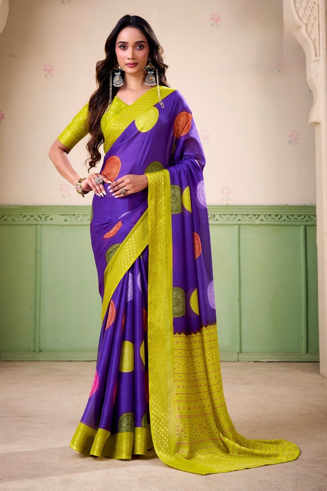 Purple Polka Dot Readymade Crepe Silk Saree