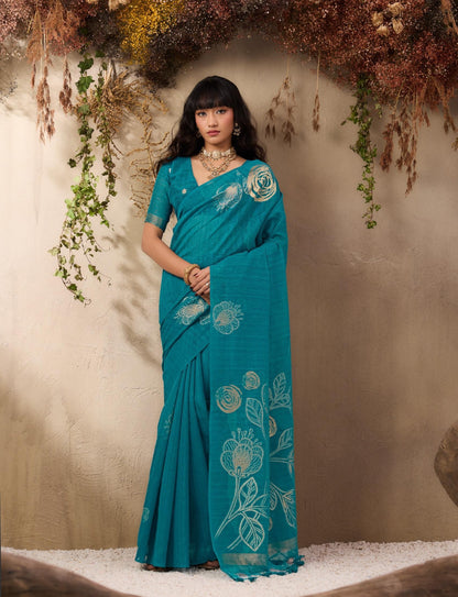Turquoise Blue Munga Silk Readymade/Easy Saree - Panaash Saree