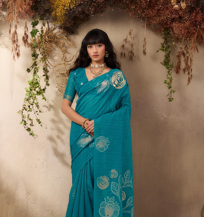 Turquoise Blue Munga Silk Readymade/Easy Saree - Panaash Saree