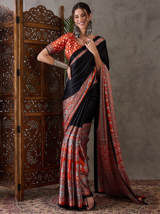 Black and Orange Crepe Silk Readymade/Easy Saree