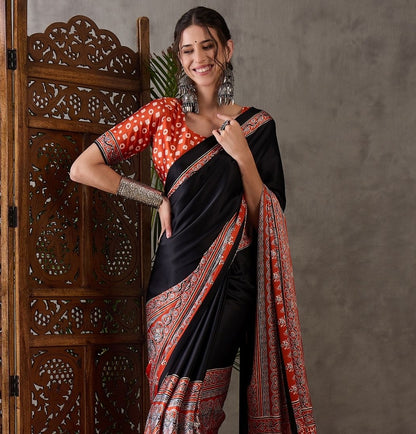 Black & Orange Crepe Silk Readymade/Easy Saree