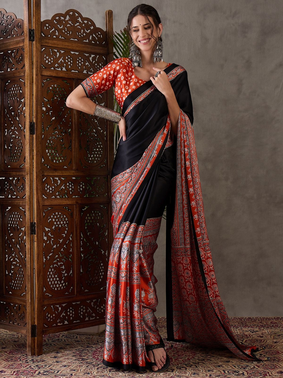 Black & Orange Crepe Silk Normal Drape Saree - Panaash Saree