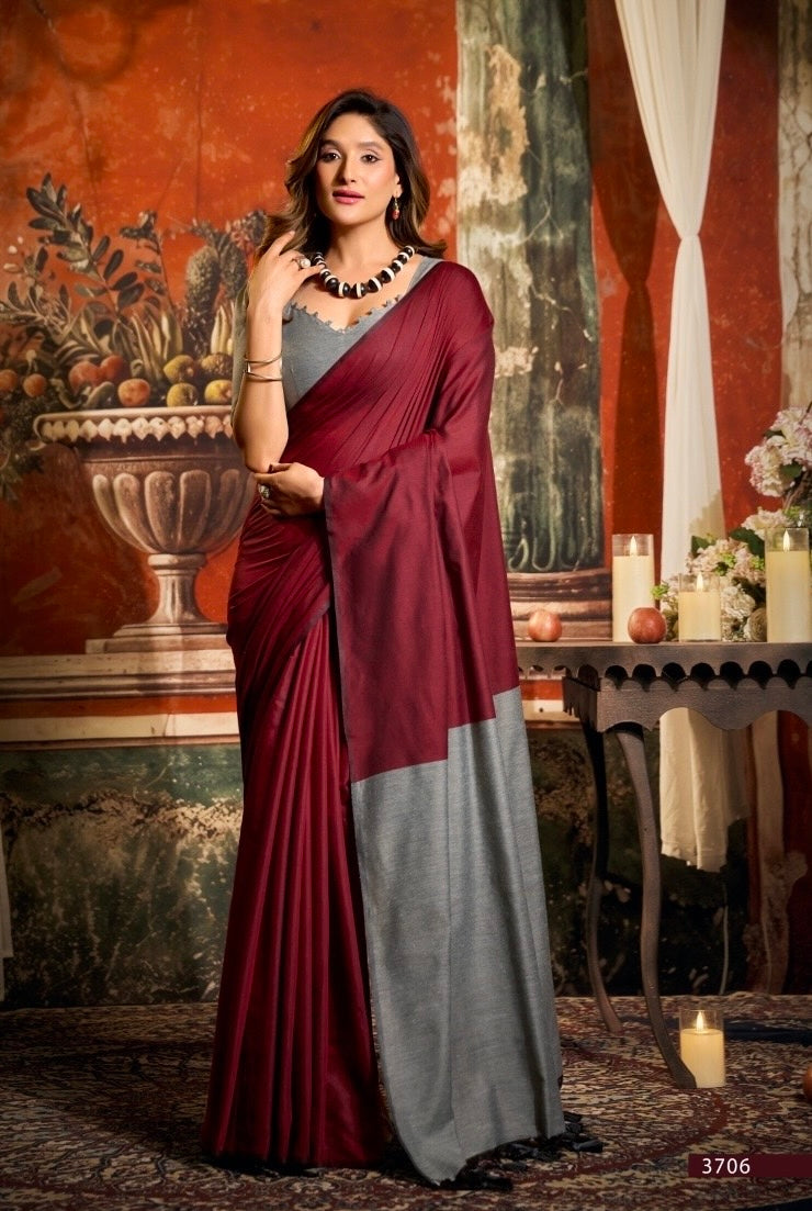 Maroon cotton ready-to-wear saree with silver-grey border and draped pallu