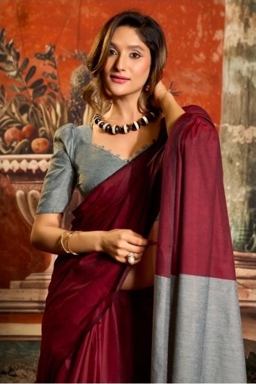 Maroon and silver-grey cotton ready-to-wear saree with scalloped neckline