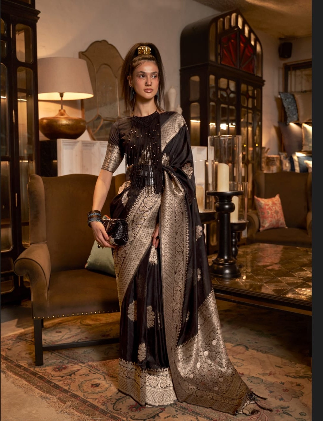 Black Khadi Georgette Readymade/Easy Saree