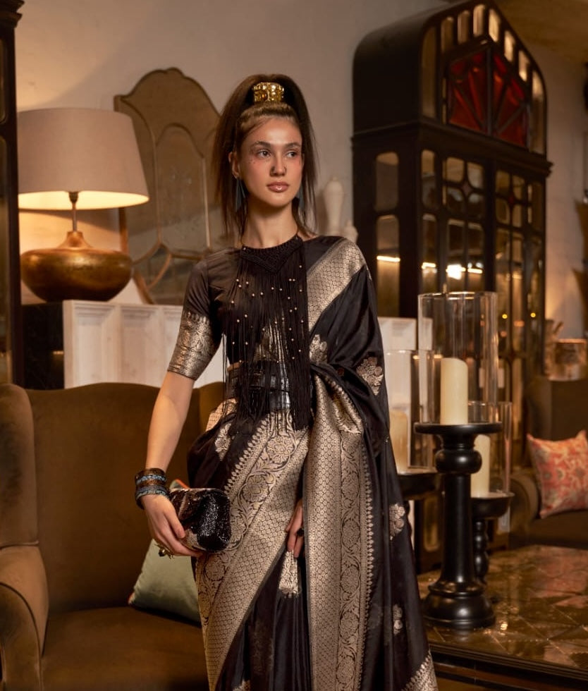 Black Khadi Georgette Readymade/Easy Saree