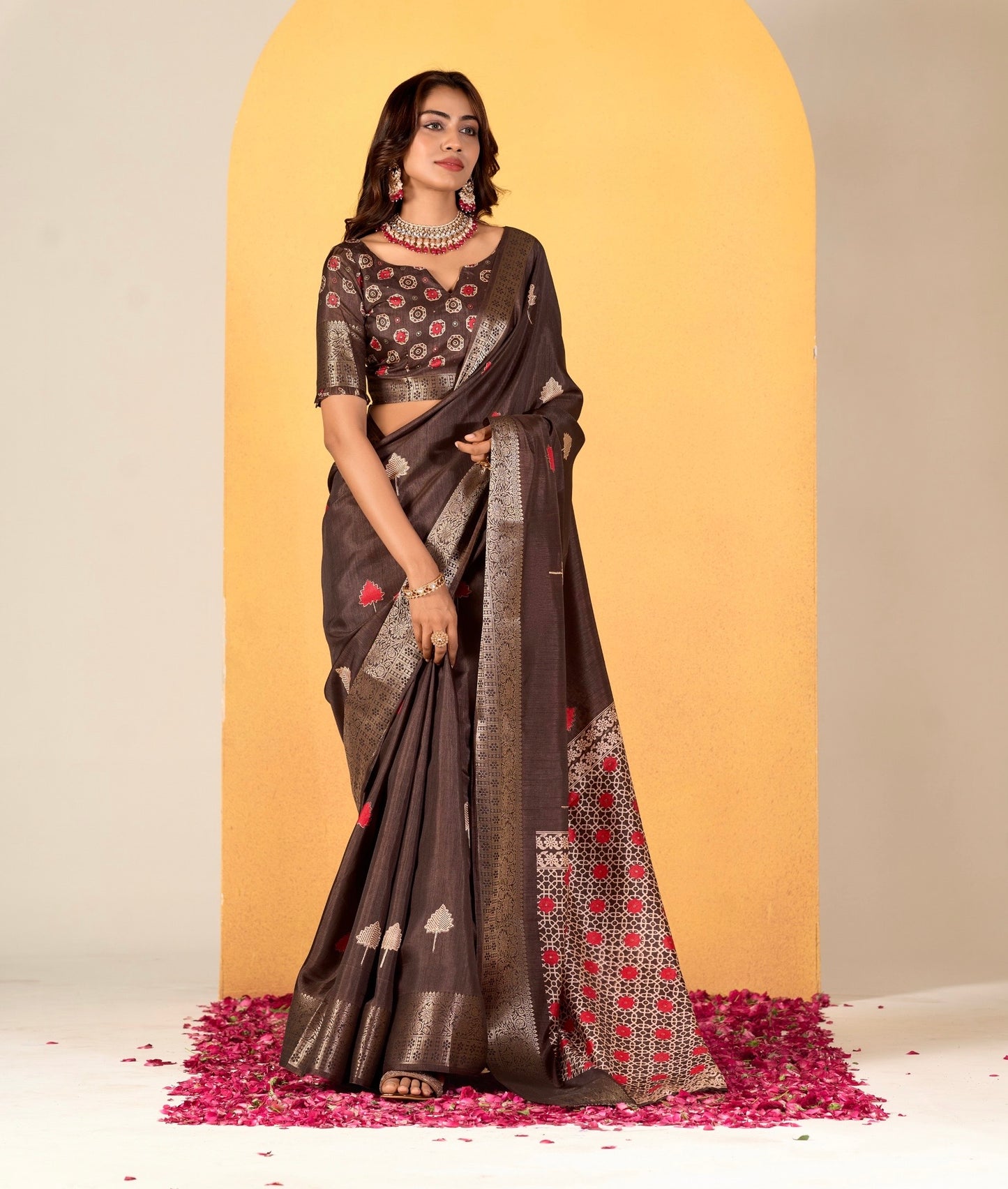 Chocolate Color Printed Soft Silk Readymade/Easy Saree