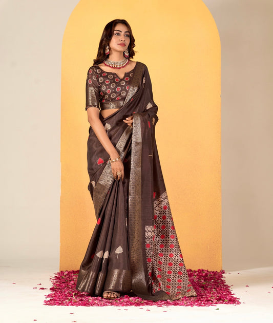 Chocolate Color Printed Soft Silk Readymade/Easy Saree