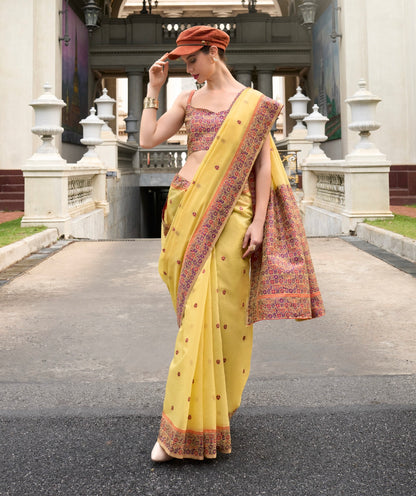 Yellow Color Resham Woven Linen Cotton Easy/Readymade Saree