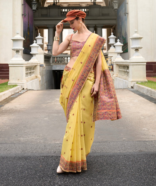 Yellow Color Resham Woven Linen Cotton Easy/Readymade Saree