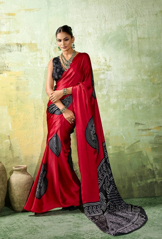 Red Modal Silk Ready To Wear/Easy Saree by Stylebypanash