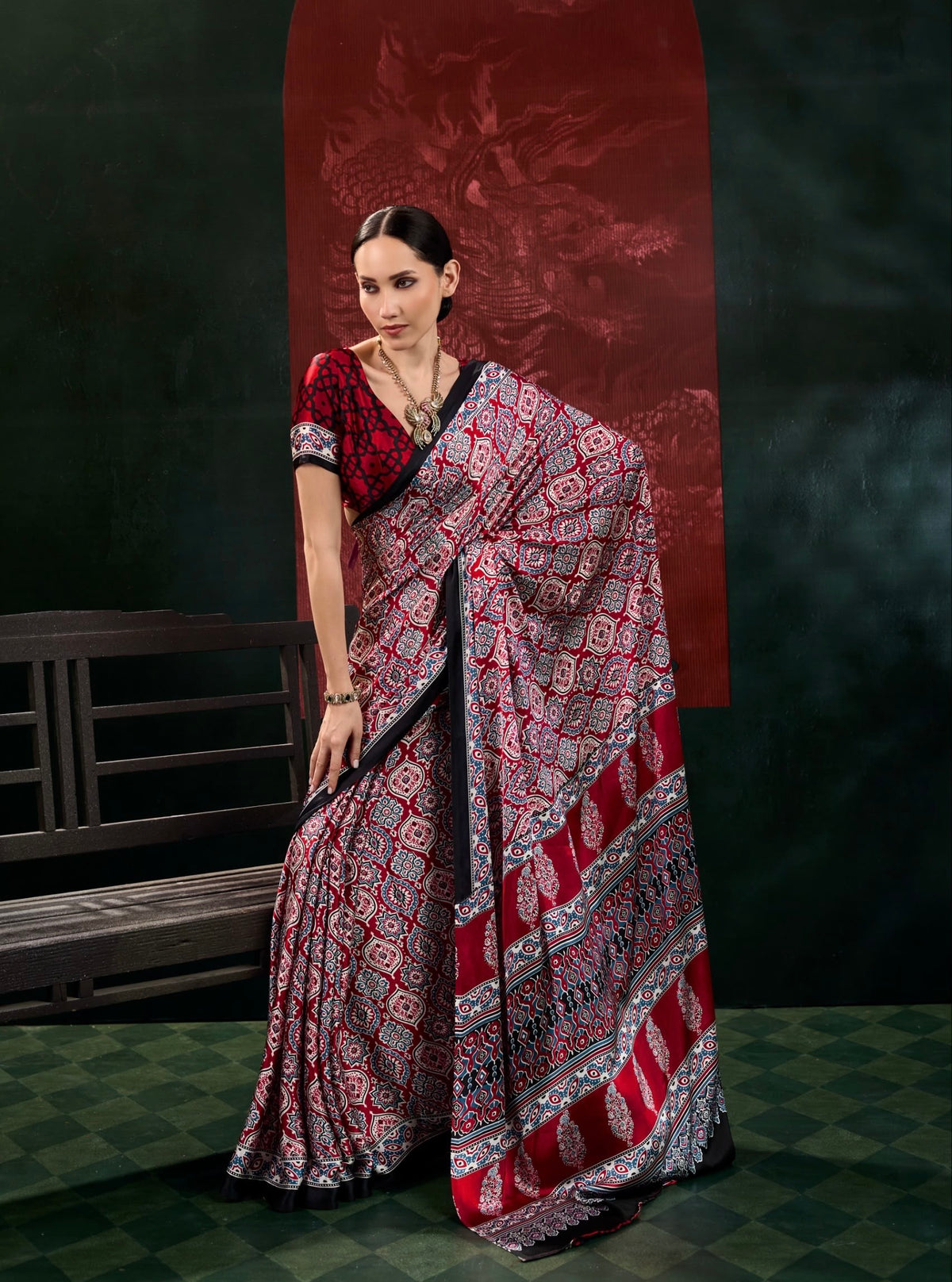 Black & Maroon Ajrakh Modal Silk Ready To Wear/Easy Saree
