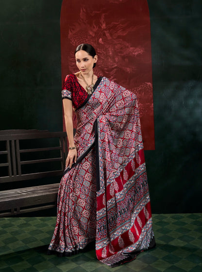 Black & Maroon Ajrakh Modal Silk Ready To Wear/Easy Saree
