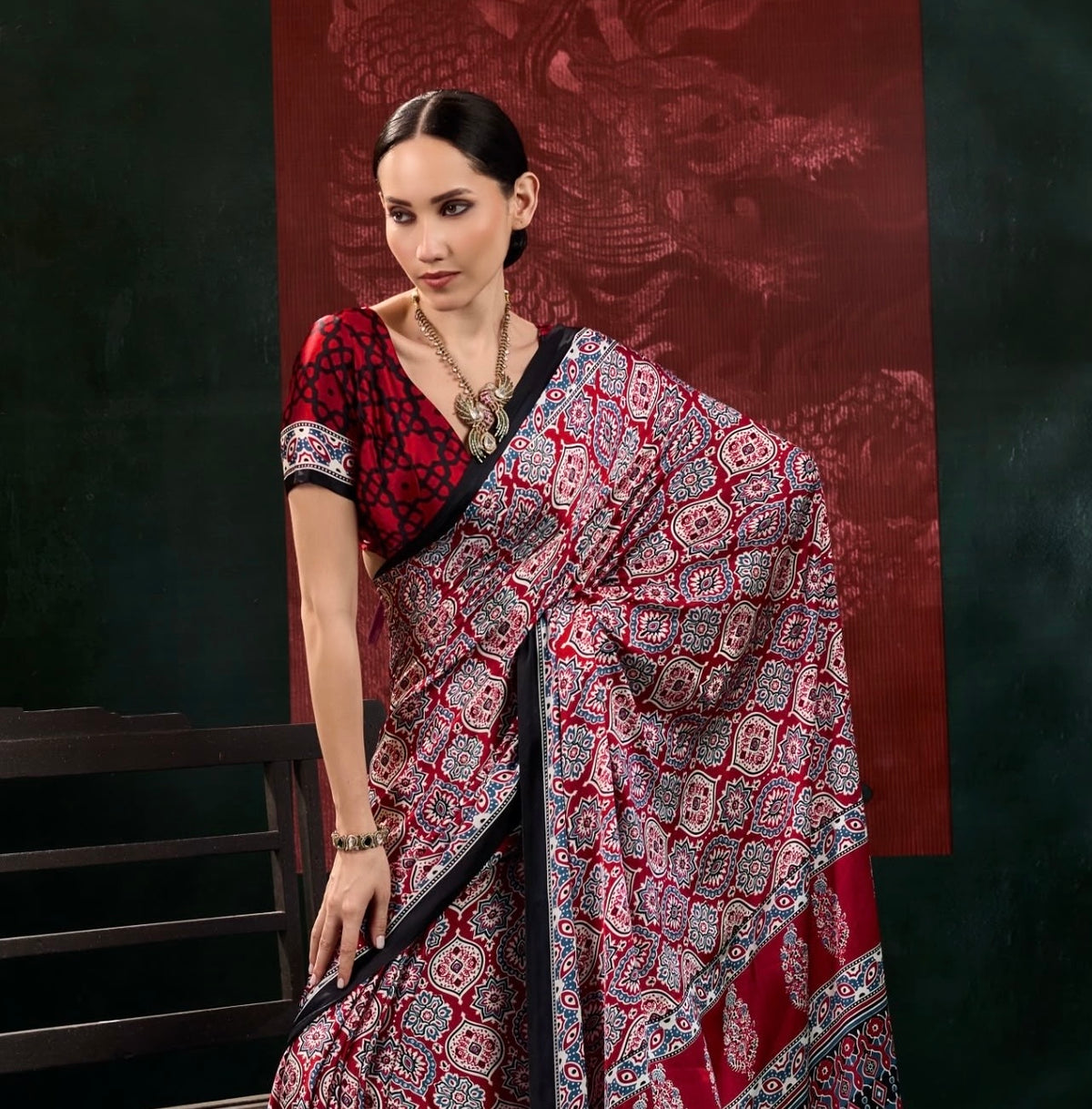 Black & Maroon Ajrakh Modal Silk Ready To Wear/Easy Saree