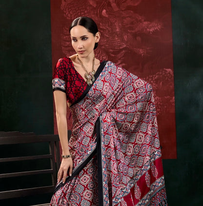 Black & Maroon Ajrakh Modal Silk Ready To Wear/Easy Saree