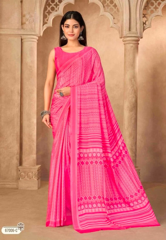 Hot pink crepe silk ready-to-wear saree with patterned border and draped pallu
