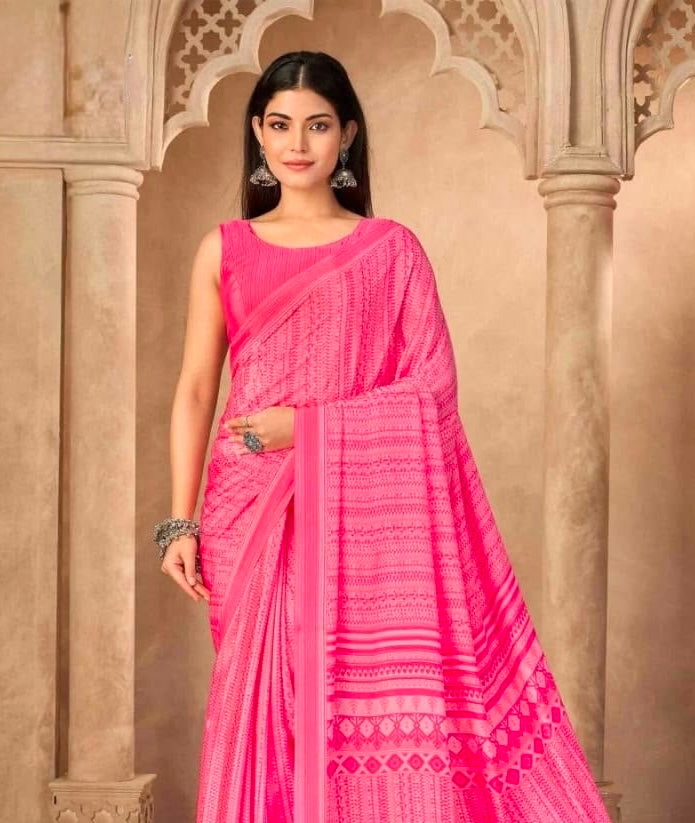 Hot Pink Crepe Silk Ready To Wear/Easy Saree by Stylebypanaash 