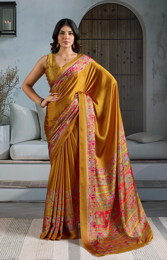 Yellow Crepe Silk Readymade Saree