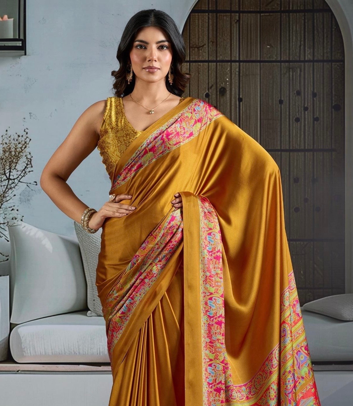 Yellow Crepe Silk Readymade Saree
