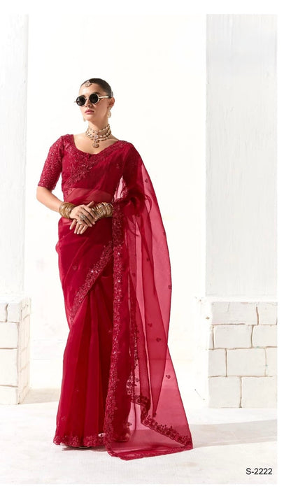 Red Organza Readymade Saree With Fancy Blouse Piece