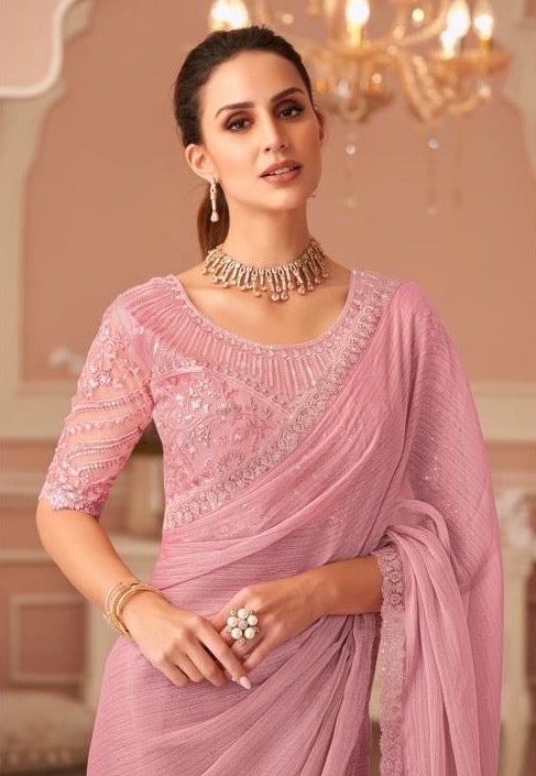 Pink Cocktail Readymade Saree With Designer Blouse