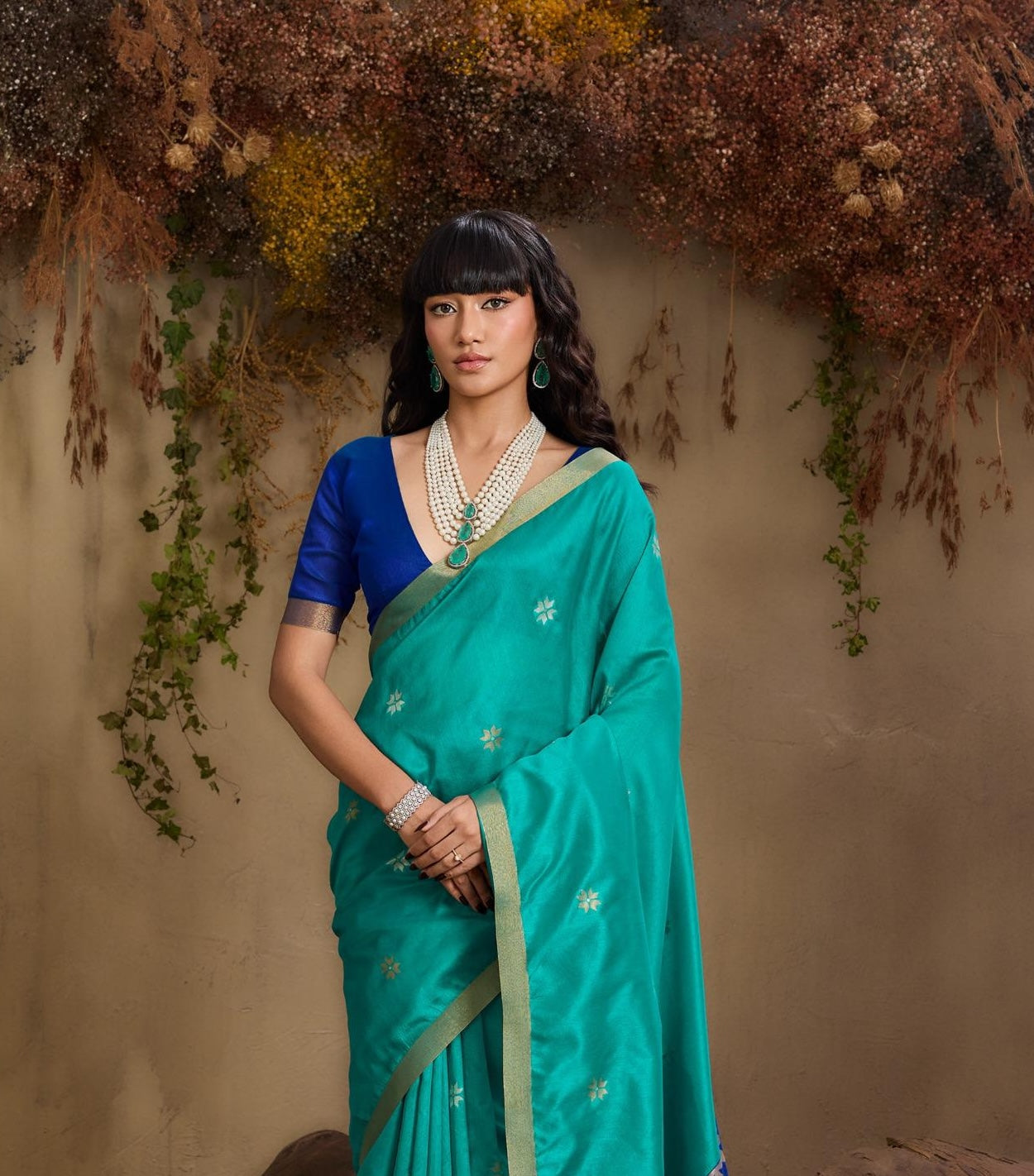 Teal Blue Color Raw Silk Readymade/Easy Saree