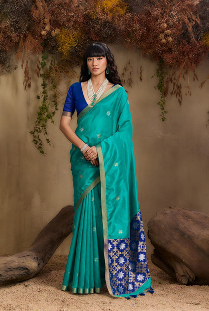 Teal Blue Color Raw Silk Readymade/Easy Saree