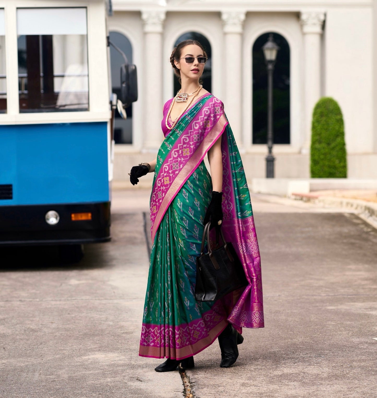 Dark Green Color Ikkat Silk Readymade/Easy Saree