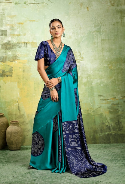 Turquoise Modal Silk Ready To Wear/Easy Saree by Stylebypanaash