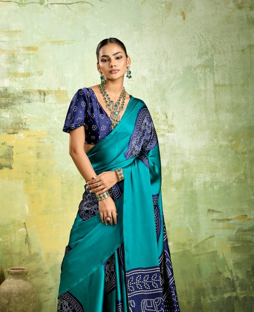 Turquoise Modal Silk Ready To Wear/Easy Saree by Stylebypanaash