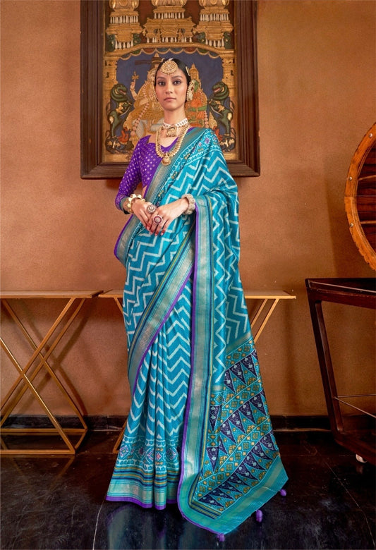 Blue Patola Silk Readymade/Easy Saree