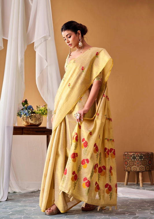 Cream yellow tissue silk ready-to-wear saree with floral print, draped pallu, side view