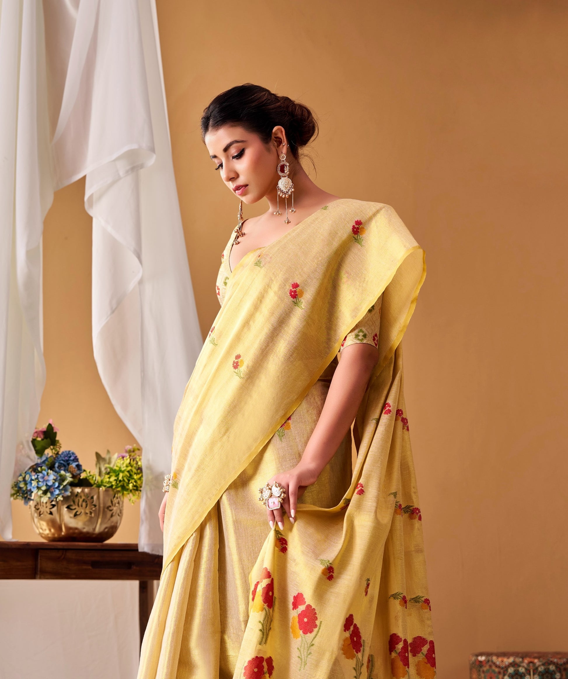 Cream Yellow Tissue Silk Ready To Wear/Easy Saree by Stylebypanaash 